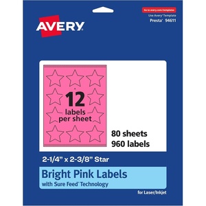 Avery Printable Star Labels, Sure Feed Technology, 2-1/4″ x 2-3/8″, Bright Pink Labels, Print-to-The-Edge, Laser/Inkjet, 240 Total, Great for Reward Stickers and Mailing Seals(960 labels)
