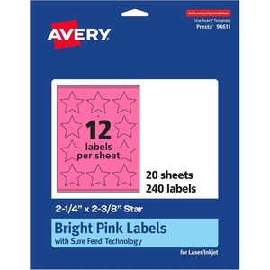 Avery Printable Star Labels, Sure Feed Technology, 2-1/4″ x 2-3/8″, Bright Pink Labels, Print-to-The-Edge, Laser/Inkjet, 240 Total, Great for Reward Stickers and Mailing Seals(240 labels)