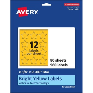 Avery Printable Star Labels, Sure Feed Technology, 2-1/4″ x 2-3/8″, Bright Yellow Labels, Print-to-The-Edge, Laser/Inkjet, 120 Total, Great for Reward Stickers and Mailing Seals(960 labels)