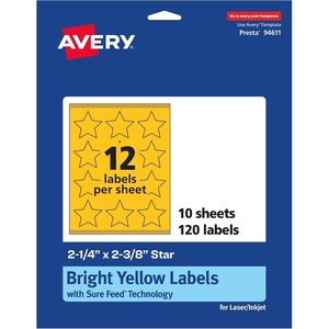 Avery Printable Star Labels, Sure Feed Technology, 2-1/4″ x 2-3/8″, Bright Yellow Labels, Print-to-The-Edge, Laser/Inkjet, 120 Total, Great for Reward Stickers and Mailing Seals(120 labels)