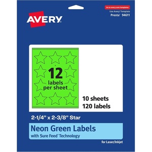 Avery Printable Star Labels, Sure Feed Technology, 2-1/4″ x 2-3/8″, Neon Green Labels, Print-to-the-Edge, Laser/Inkjet, 120 Total, Great for Reward Stickers and Mailing Seals(120 labels)