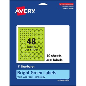 Avery Printable Starburst Labels, Sure Feed Technology, 1″, Bright Green Labels, Print-to-The-Edge, Laser/Inkjet, 480 Total, Great for Mailing Seals and Planner Stickers(480 labels)