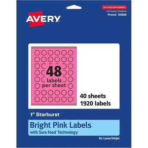 Avery Printable Starburst Labels, Sure Feed Technology, 1″, Bright Pink Labels, Print-to-The-Edge, Laser/Inkjet, 480 Total, Great for Mailing Seals and Planner Stickers(1 920 labels)