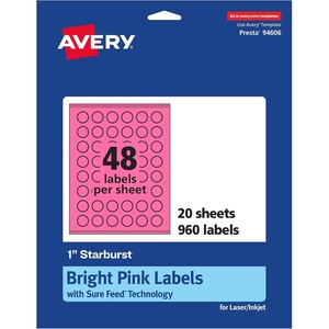 Avery Printable Starburst Labels, Sure Feed Technology, 1″, Bright Pink Labels, Print-to-The-Edge, Laser/Inkjet, 480 Total, Great for Mailing Seals and Planner Stickers(960 labels)