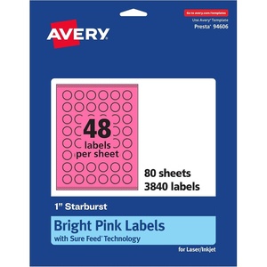 Avery Printable Starburst Labels, Sure Feed Technology, 1″, Bright Pink Labels, Print-to-The-Edge, Laser/Inkjet, 480 Total, Great for Mailing Seals and Planner Stickers(3 840 labels)