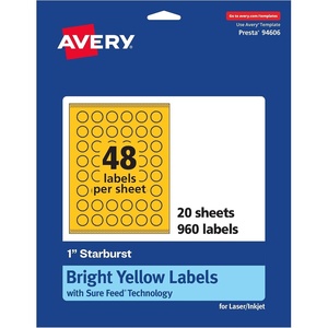 Avery Printable Starburst Labels, Sure Feed Technology, 1″, Bright Yellow Labels, Print-to-the-Edge, Laser/Inkjet, 480 Total, Great for Mailing Seals and Planner Stickers(960 labels)