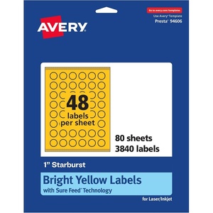 Avery Printable Starburst Labels, Sure Feed Technology, 1″, Bright Yellow Labels, Print-to-the-Edge, Laser/Inkjet, 480 Total, Great for Mailing Seals and Planner Stickers(3 840 labels)