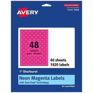 Avery Printable Starburst Labels, Sure Feed Technology, 1″, Neon Magenta Labels, Print-to-The-Edge, Laser/Inkjet, 480 Total, Great for Mailing Seals and Planner Stickers(1 920 labels)