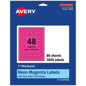 Avery Printable Starburst Labels, Sure Feed Technology, 1″, Neon Magenta Labels, Print-to-The-Edge, Laser/Inkjet, 480 Total, Great for Mailing Seals and Planner Stickers(3 840 labels)