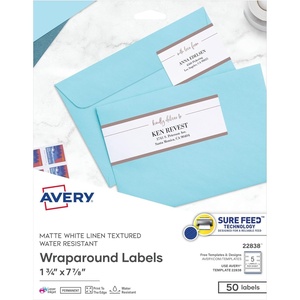 Avery Printable Wraparound Rectangle Labels, 7.85″ x 1.75″, Textured White, 50 Customizable Labels (22838)(7 17/20 x 1 3/4″)