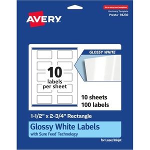 Avery Rectangle Labels, Sure Feed Technology, 1.5″ x 2.75″, 100 Glossy White Labels (36456)(100 labels)