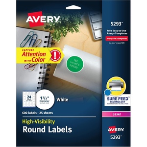 Avery Round Printable Labels, 1-2/3″ Diameter, Matte White, Sure Feed Technology, Laser & Inkjet Compatible, 600 Blank Labels Total, Great for Branding, Packages, School Supplies, and More (5293)(600 labels)