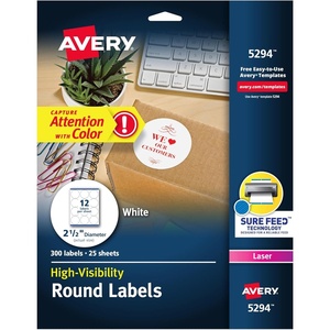 Avery Round Printable Labels, 2.5″ Diameter, Matte White, Sure Feed Technology, Laser & Inkjet Compatible, 300 Blank Labels Total, Great for Branding, Packages, School Supplies, and More (5294)