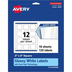 Avery Square Labels, Sure Feed Technology, 2″ x 2″, 120 Glossy White Labels (36476)(120 labels)