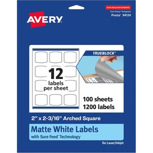 Avery TrueBlock Matte White Arched Square Labels, Sure Feed Technology, 2″ x 2-3/16″, 120 Matte White Labels, Print-to-The-Edge, Laser/Inkjet Printable, Great for Packaging and Product Merchandising(1 200 labels)