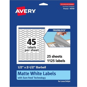 Avery TrueBlock Matte White Barbell Labels, Sure Feed Technology, 0.5″ x 2.5″, 450 Matte White Labels, Laser/Inkjet Printable, Great for Jewelry and Product Merchandising(1 125 labels)