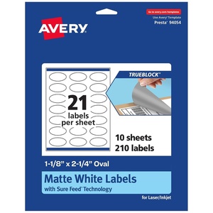 Avery TrueBlock Matte White Oval Labels, Sure Feed Technology, 1-1/8″ x 2-1/4″, 210 Matte White Labels, Print-to-The-Edge, Laser/Inkjet Printable, Great for Packaging and Product Merchandising(210 labels)