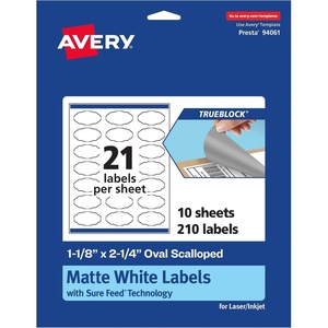 Avery TrueBlock Matte White Oval Scalloped Labels with Sure Feed, 1-1/8″ x 2-1/4″, 210 Matte White Labels, Print-to-The-Edge, Laser/Inkjet Printable Labels, Great for Packaging and Product Labels(210 labels)