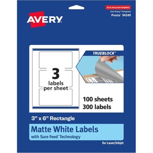 Avery TrueBlock Matte White Rectangle Labels, Sure Feed Technology, 3″ x 6″, 30 Matte White Labels, Print-to-The-Edge, Laser/Inkjet Printable, Great for Packaging and Product Merchandising(300 labels)