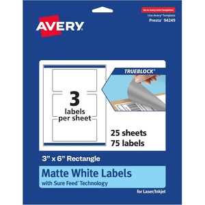 Avery TrueBlock Matte White Rectangle Labels, Sure Feed Technology, 3″ x 6″, 30 Matte White Labels, Print-to-The-Edge, Laser/Inkjet Printable, Great for Packaging and Product Merchandising(75 labels)