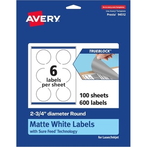 Avery TrueBlock Matte White Round Labels, Sure Feed Technology, 2.75″ Diameter, 60 Matte White Labels, Print-to-The-Edge, Laser/Inkjet Printable, Great for Packaging and Product Merchandising(600 labels)