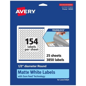 Avery TrueBlock Matte White Round Labels with Sure Feed, 0.5″ Diameter, 1,540 Matte White Labels, Print-to-the-Edge, Laser/Inkjet Printable Labels, Great for Product Labels and Price Stickers(3 850 labels)