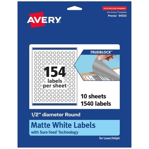 Avery TrueBlock Matte White Round Labels with Sure Feed, 0.5″ Diameter, 1,540 Matte White Labels, Print-to-the-Edge, Laser/Inkjet Printable Labels, Great for Product Labels and Price Stickers(1 540 labels)