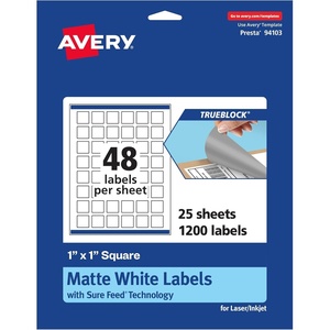 Avery TrueBlock Matte White Square Labels, Sure Feed Technology, 1″ x 1″, 480 Matte White Labels, Print-to-The-Edge, Laser/Inkjet Printable, Great for Product Merchandising Stickers(1 200 labels)