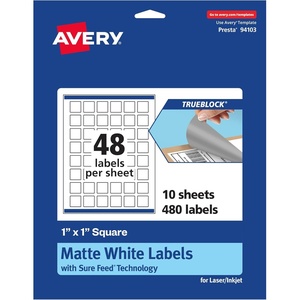 Avery TrueBlock Matte White Square Labels, Sure Feed Technology, 1″ x 1″, 480 Matte White Labels, Print-to-The-Edge, Laser/Inkjet Printable, Great for Product Merchandising Stickers(480 labels)
