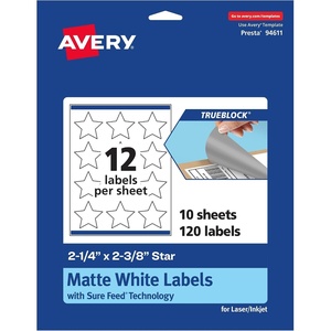 Avery TrueBlock Matte White Star Labels, Sure Feed Technology, 2-1/4″ x 2-3/8″, 120 Matte White Labels, Print-to-The-Edge, Laser/Inkjet Printable, Great for Making Stickers or Product Merchandising(120 labels)
