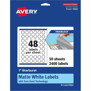 Avery TrueBlock Matte White Starburst Labels, Sure Feed Technology, 1″, 480 Matte White Labels, Print-to-The-Edge, Laser/Inkjet Printable, Great for Packaging and Product Merchandising(2 400 labels)