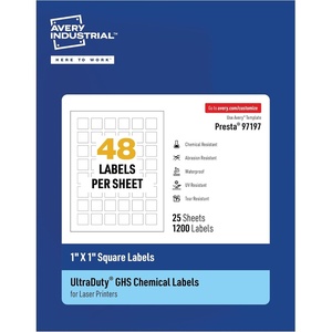 Avery UltraDuty GHS Labels, Waterproof, 1 X 1″ White Square Labels , 1200 Total, Use with Laser Printers(1″ X 1″)