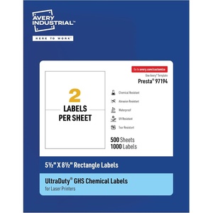 Avery UltraDuty GHS Labels, Waterproof, 2 X 3″ White Rectangle Labels , 200 Total, Use with Laser Printers(5.5″ x 8.5″)