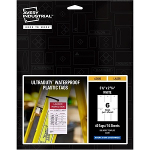 Avery UltraDuty Printable Plastic Hang Tags, 5.5″ x 2.83″, White Blank Tags, 50lb Pull-Strength, 60ct (62400)(White)