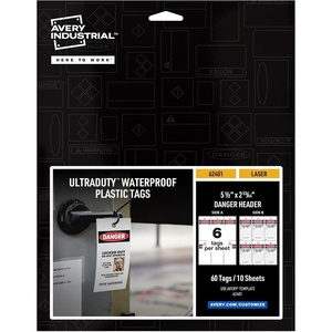Avery UltraDuty Printable Plastic Hang Tags, 5.5″ x 2.83″, White with Preprinted Danger Header, 50lb Pull-Strength, 60ct (62401)