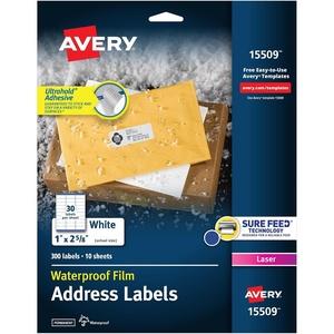 Avery Waterproof Printable Address Labels with Sure Feed, 1″ x 2-5/8″, White, Ultrahold Permanent Adhesive, Laser Printers, 300 Blank Mailing Labels, Great for Mailing, Branding, and More (15509)