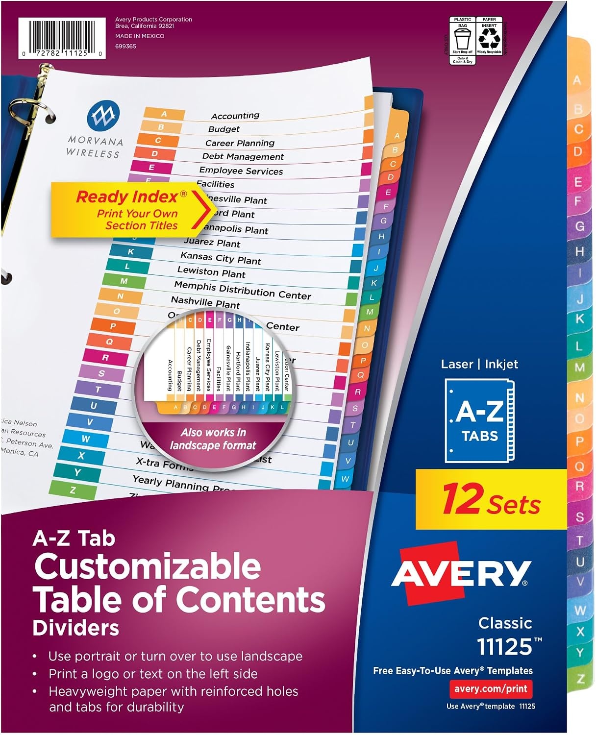 image:imageAvery AZ Dividers for 3 Ring Binders 26 Tabs per Set Customizable Table of Contents Multicolor Tabs Great for Organizing Reports Projects and More 12 Sets of 11125Classic
