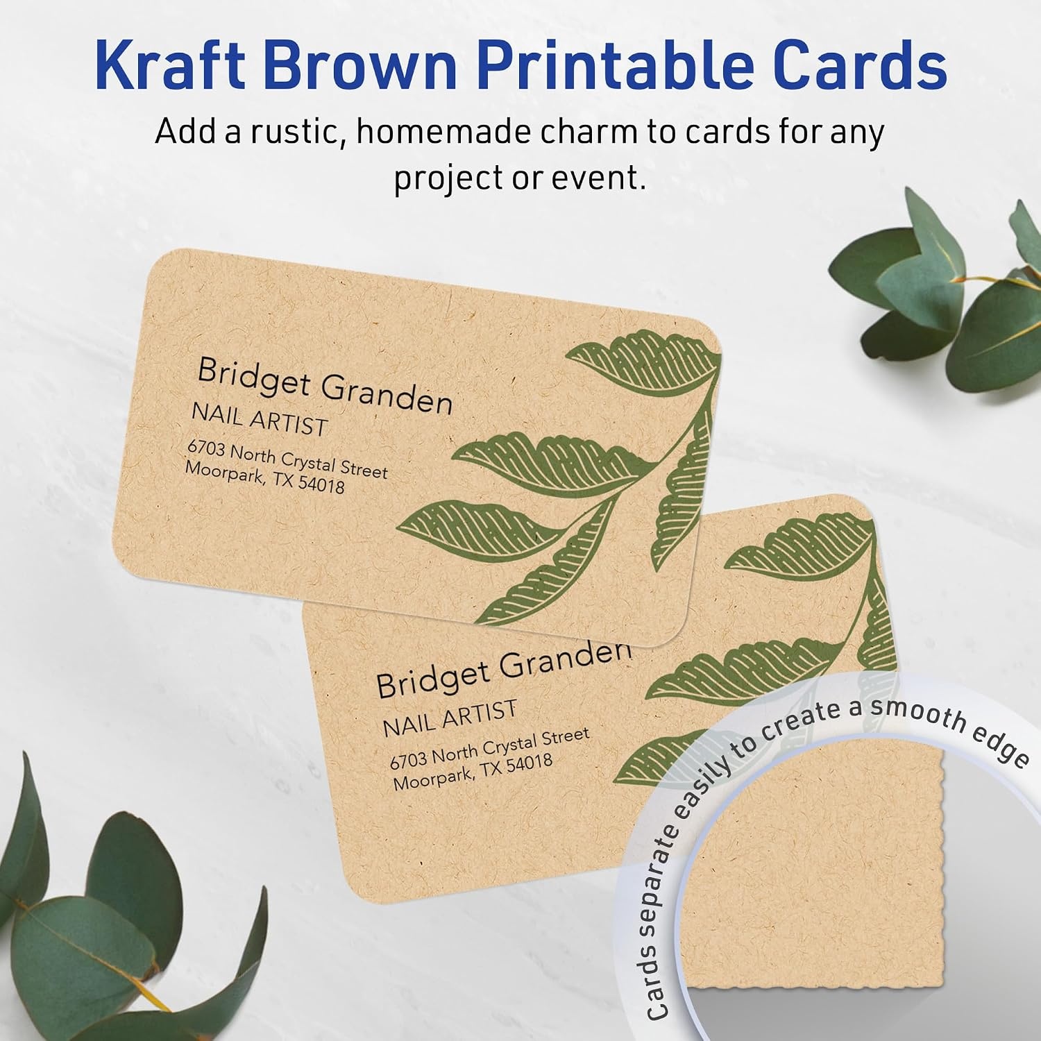 image:imageAvery Printable Rectangle Rounded Corner Business Cards Sure Feed Technology 2 x 312 Kraft Brown Cardstock PrintToTheEdge LaserInkjet Printable 80 Total400 cards
