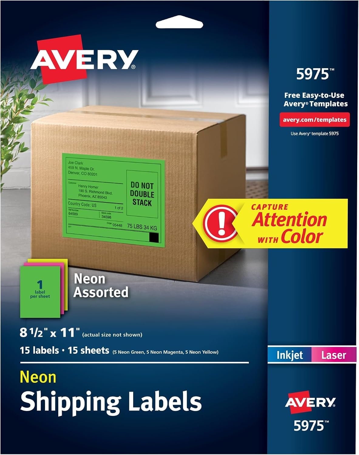 image:imageAvery Printable Shipping Labels 812 x 11 Assorted Neon Colors Magenta Green and Yellow Laser amp Inkjet Compatible 15 Blank Labels Total 5975Assorted