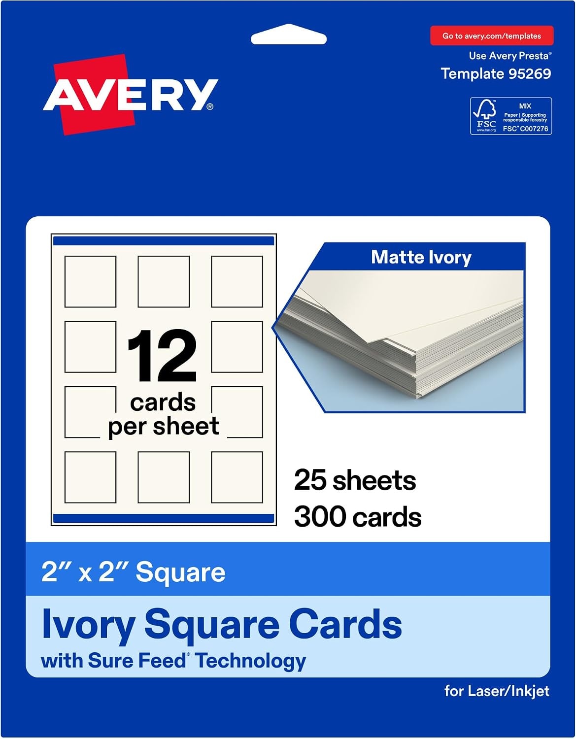 image:imageAvery Printable Square Cards Sure Feed Technology 2 x 2 Matte White Cardstock PrinttotheEdge LaserInkjet Cards 120 TotalIvory