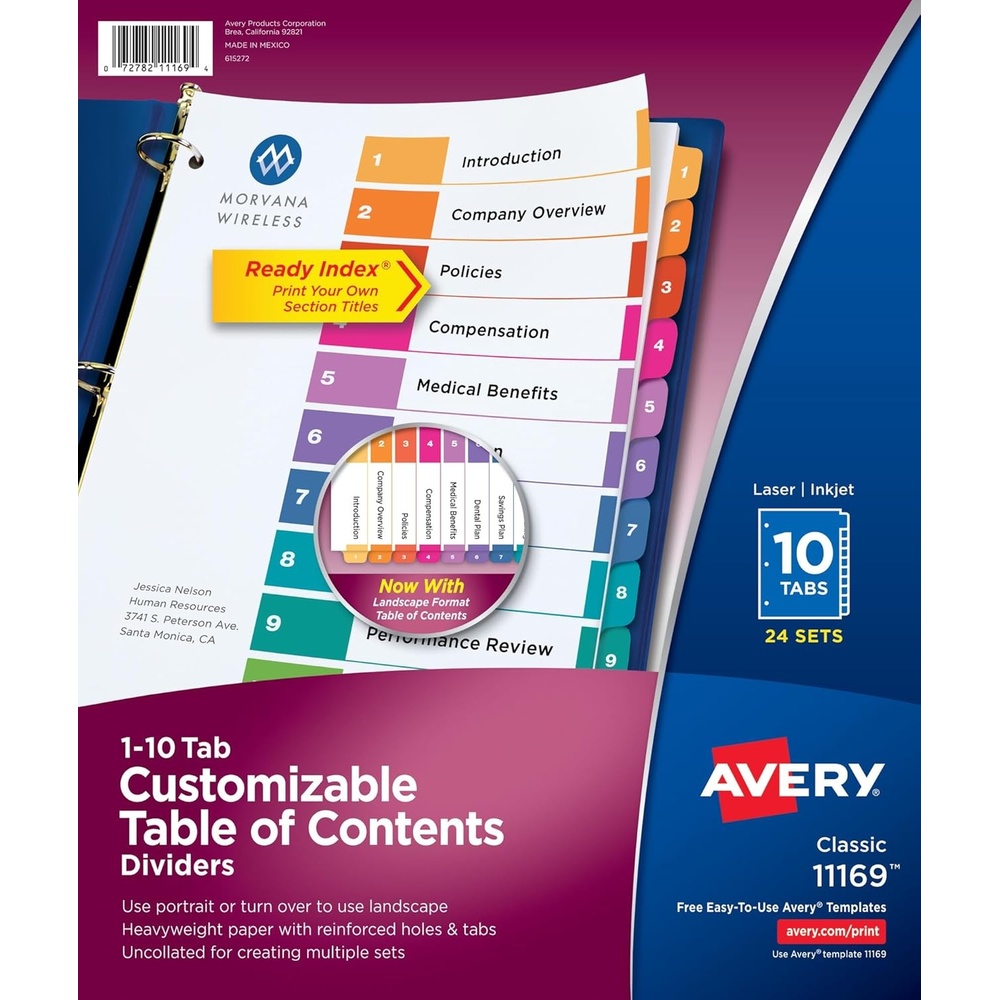 image:imageAvery 10 Tab Dividers for 3 Ring Binders Customizable Table of Contents Multicolor Tabs 24 Sets 1116910 tabs