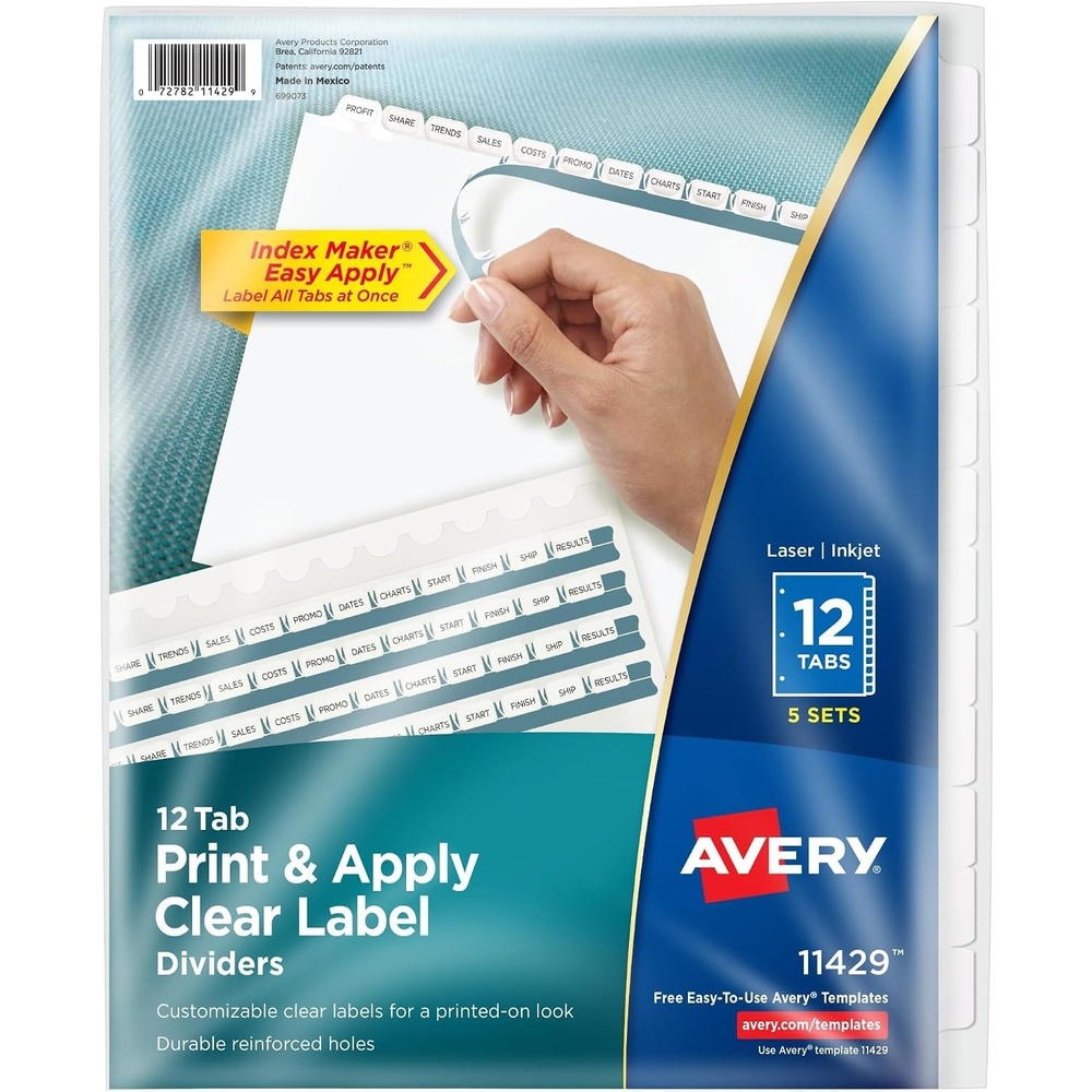 image:imageAvery 12Tab Binder Dividers Easy Print amp Apply Clear Label Strip Index Maker White Tabs 5 Sets 1142930 Sets