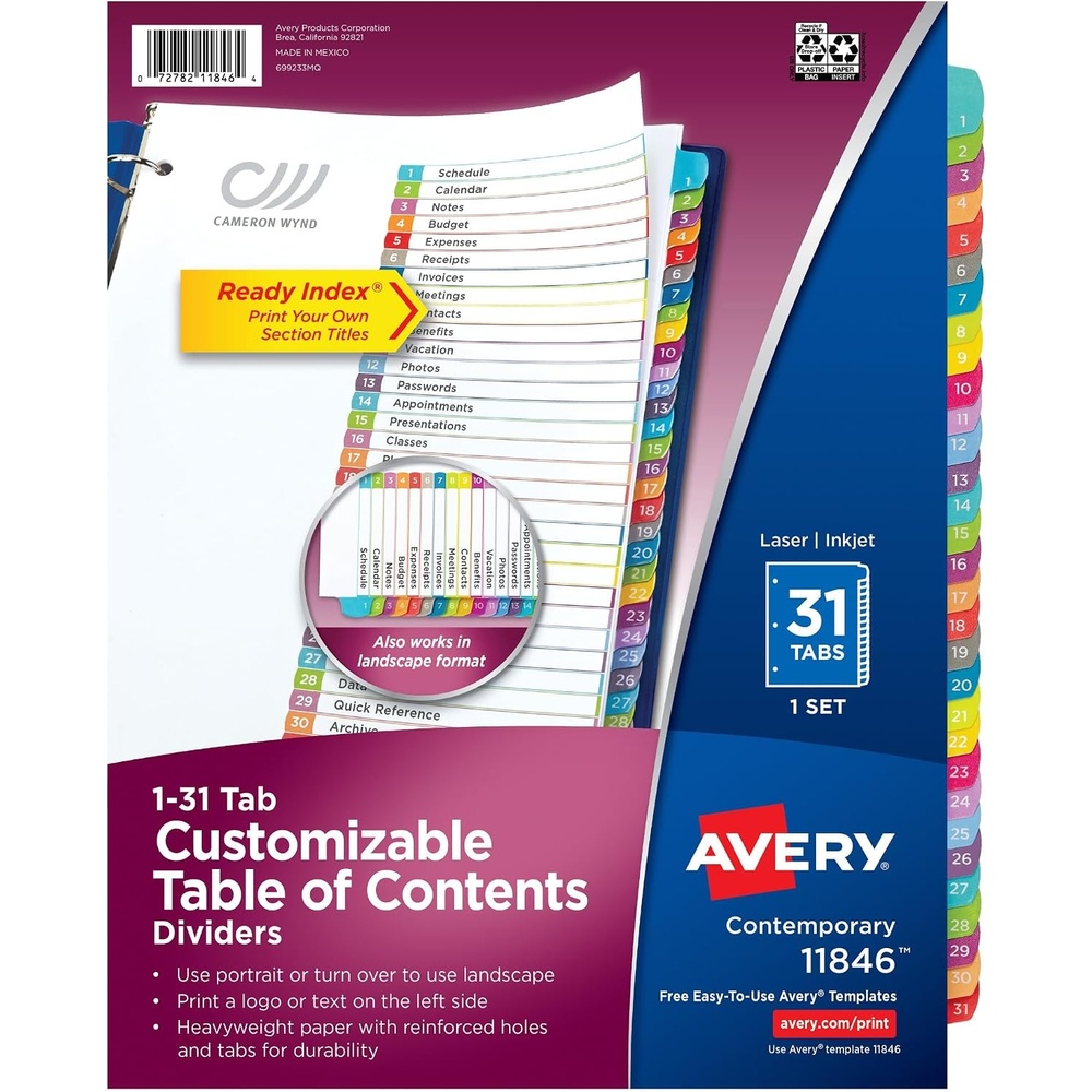 image:imageAvery 131 Dividers for 3 Ring Binders 31 Tabs per Set Customizable Table of Contents Multicolor Arched Tabs Great for Organizing Reports Projects and More 11846One Size