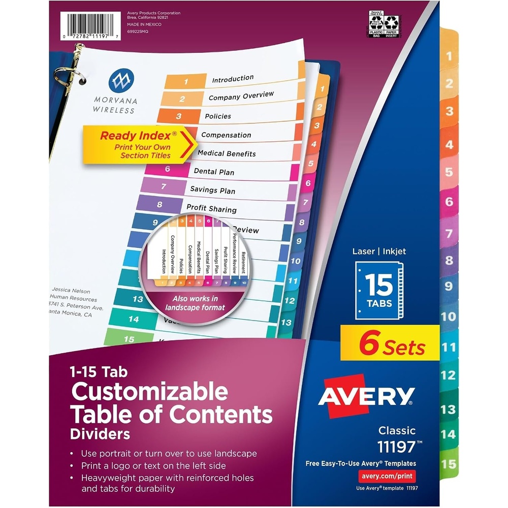 image:imageAvery 15 Tab Dividers for 3 Ring Binders Customizable Table of Contents Multicolor Tabs 6 Sets 111976 sets Pack of 6