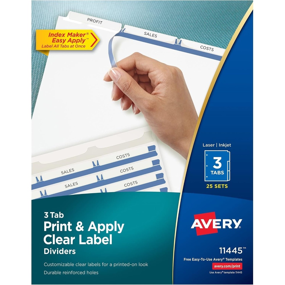 image:imageAvery 3Tab Dividers for 3 Ring Binder Easy Print amp Apply Clear Label Strip Index Maker Customizable White Tabs 25 Sets 11445150 Sets