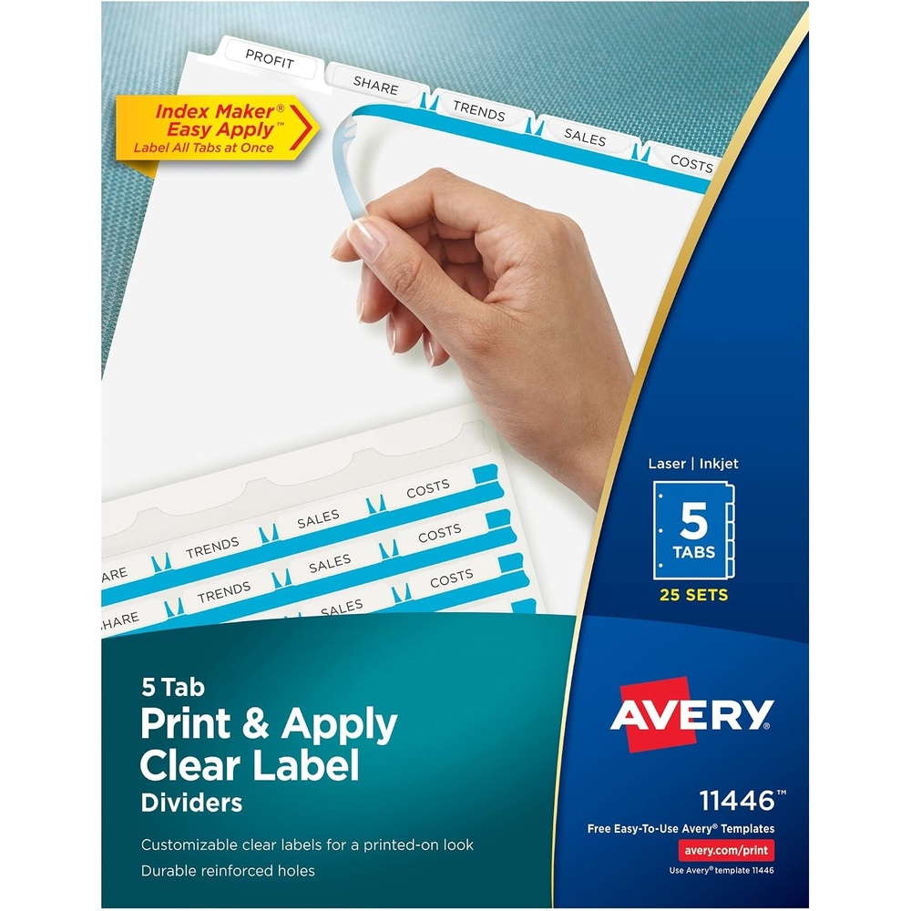 image:imageAvery 5 Tab Dividers for 3 Ring Binder Easy Print amp Apply Clear Label Strip Index Maker Customizable White Tabs 4Pack of 50 Sets 200 Sets Total 11556150 Sets