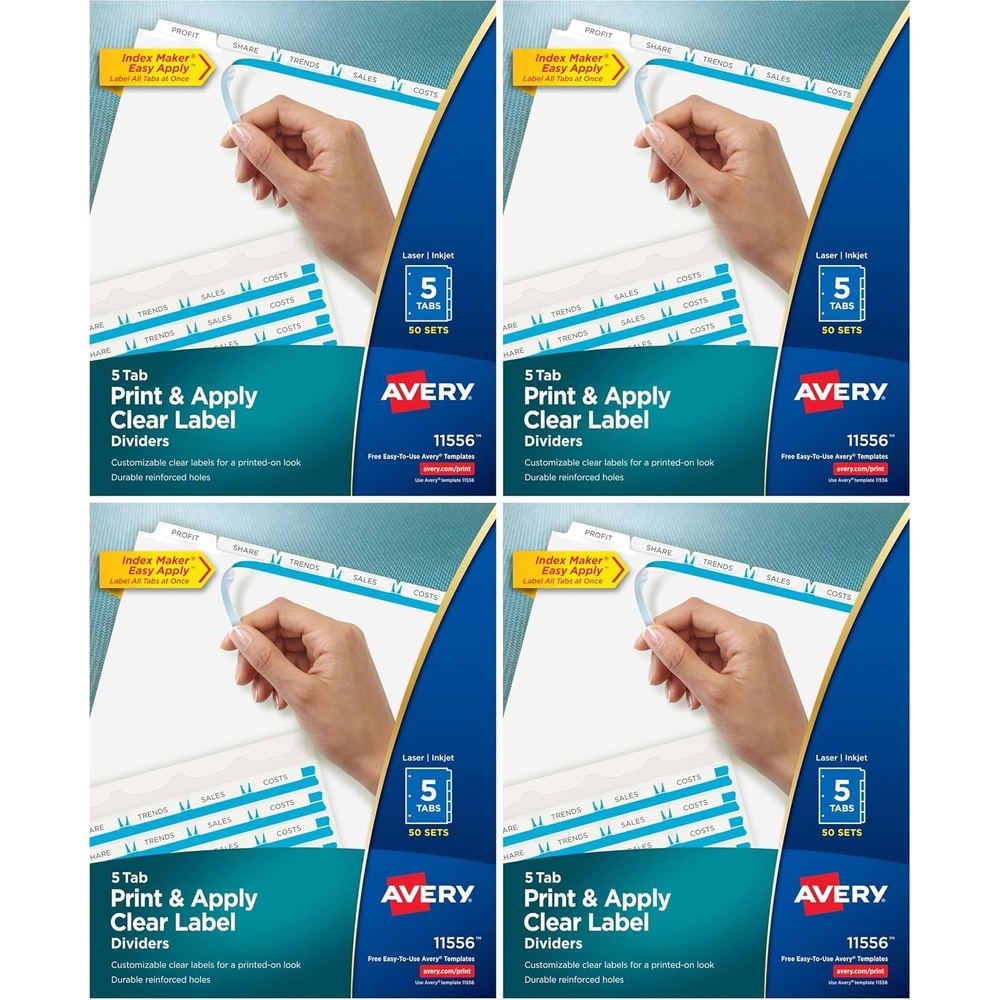 image:imageAvery 5 Tab Dividers for 3 Ring Binder Easy Print amp Apply Clear Label Strip Index Maker Customizable White Tabs 4Pack of 50 Sets 200 Sets Total 1155650 sets
