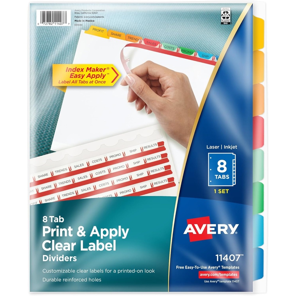 image:imageAvery 8 Tab Dividers for 3 Ring Binder Easy Print amp Apply Clear Label Strip Index Maker Customizable Multicolor Tabs 5 Sets 11419Multi Color