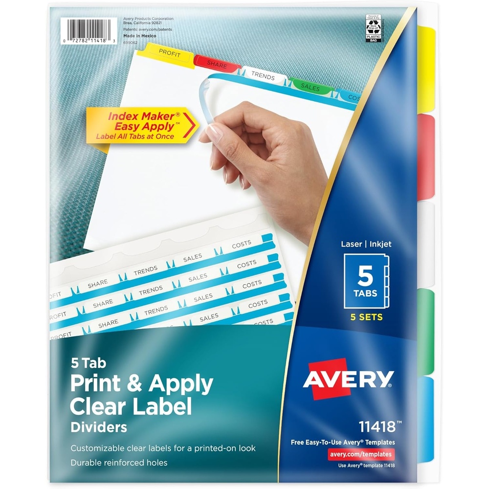 image:imageAvery 8 Tab Dividers for 3 Ring Binder Easy Print amp Apply Clear Label Strip Index Maker Customizable Multicolor Tabs 5 Sets 11419Multicolor