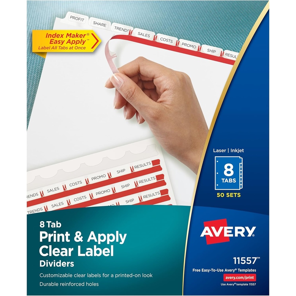 image:imageAvery 8Tab Binder Dividers Easy Print amp Apply Clear Label Strip Index Maker White Tabs 50 Sets 1155750 Sets